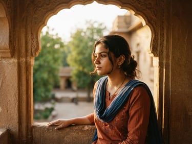 An editorial portrait of an Indian student looking thoughtfully out of a traditional arched stone window, warm golden-hour light illuminating their face, soft sandstone textures, 35mm.