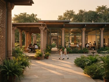 An architectural view of a modern-traditional learning pavilion in Govardhan, sandstone columns blending with clean glass lines, warm golden-hour light casting long shadows across a serene courtyard, 35mm editorial photography.