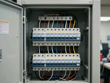 Detail shot of a custom-built electrical switchgear panel, door open, internal bus bars and circuit breakers sharply lit from the side, labels visible on every component
