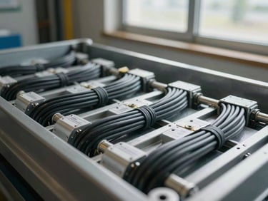 Close-up of a structured cable management tray inside an industrial facility, categorized conduit runs neatly bundled and labeled, even daylight from a high window