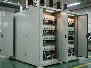 Wide environmental shot of a completed industrial electrical panel bay inside a food processing facility, full-height cabinet doors open revealing organized cable runs and DIN rail mounted components, even fluorescent lighting