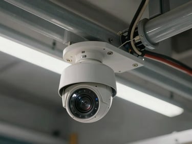 Overhead view of a security camera mounting bracket installed on an industrial ceiling, wiring run visible in conduit, even ambient light revealing precise installation detail