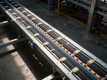 Overhead technical shot of structured cable tray runs inside a large industrial facility, neatly bundled power and control cables with color-coded labels, harsh work lighting casting sharp shadows
