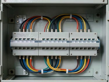 Close-up overhead shot of a finished electrical panel interior, symmetrical wiring runs color-coded and cable-tied, terminal blocks in crisp studio strobe lighting revealing every label
