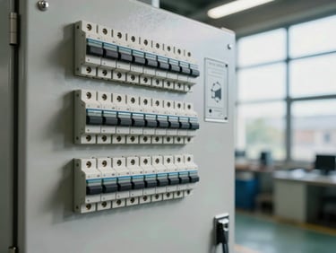Close-up of a custom MCC panel exterior with clearly labeled breaker positions and door-mounted mimic diagram, industrial facility background slightly out of focus, north-facing daylight through high windows