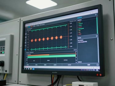Close-up of SCADA monitoring screen in situ on a control room wall, live process data displayed on dark HMI interface, overhead industrial lighting, cables visible entering the panel below