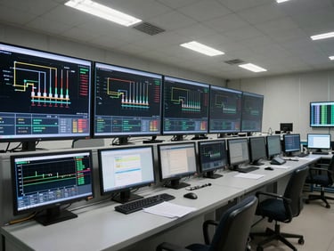 Wide shot of an industrial SCADA control room, multiple large monitors displaying process flow diagrams and real-time data trends, even fluorescent lighting, no people visible