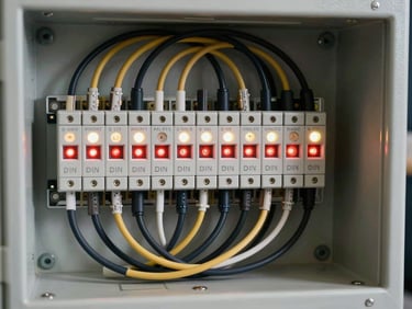 Detail shot of a fire detection panel interior with neatly routed signal cables, zone indicators lit, studio strobe lighting revealing solder joints and terminal labels on white DIN rail
