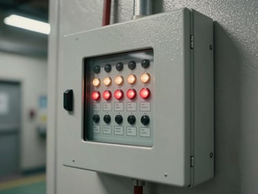 Close-up of a fire detection panel front face, indicator lights and zone labels clearly visible under direct studio lighting, wall-mounted in a finished industrial corridor