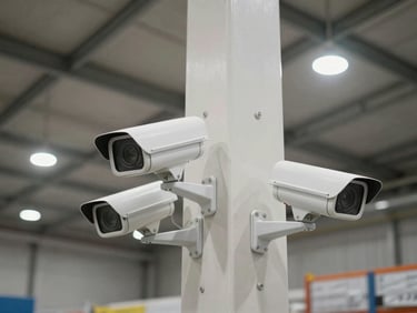 Wide angle view of a completed security camera installation in a large warehouse facility, IP cameras mounted at structural columns, cable trays visible along ceiling, even ambient warehouse lighting