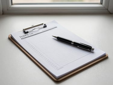 Close overhead shot of a property inspection clipboard with a checklist and pen resting on it, laid on a plain surface under flat natural window light, no people, documentary detail framing