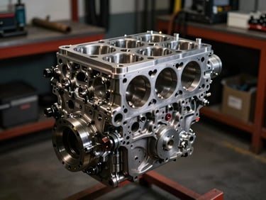A clean, organized mechanical bay in Hermosillo, a high-end engine block exposed under dramatic spotlighting, metallic textures, sharp focus, 35mm