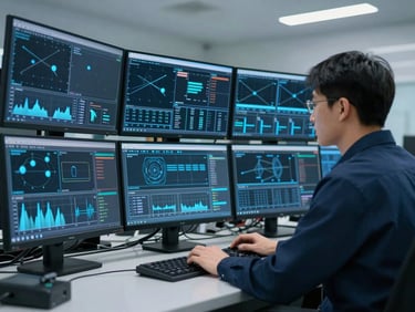 Logistics coordinator analyzing multi-monitor setup in a high-tech control room, displaying real-time telemetry data, cool blue light from screens.