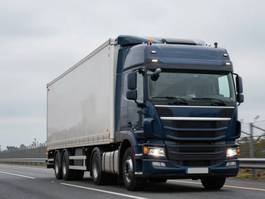 A sleek, modern fleet truck driving on a highway under an overcast sky, approaching a border crossing, focus on the vehicle and road.