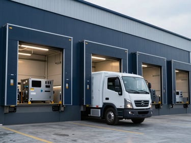 Modern, clean warehouse loading dock with a specialized fleet vehicle backed in, secured high-value industrial equipment visible, sharp industrial lighting.