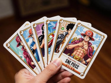 One Piece trading cards arranged in a hand, character artwork facing up under warm indoor light, fingers visible at the bottom of frame holding the cards, dark background