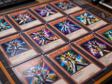 Close-up of Yu-Gi-Oh monster cards laid face-up on a game mat, detailed foil artwork catching indoor tungsten light, cards sharp in focus, table surface visible at edges