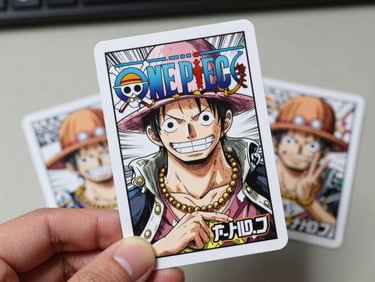One Piece trading card held up close showing a character illustration in bold manga line art style, another card visible blurred behind it on a table surface, honest tungsten indoor light, no staging