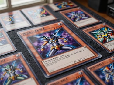 A Yu-Gi-Oh card laid flat on a playmat mid-duel, other cards surrounding it face-down, overhead perspective showing the dark card border and detailed monster artwork, honest daylight from a nearby window