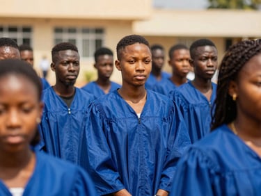 Editorial documentary photography of a group of proud Nigerian students in royal blue graduation gowns, bright natural daylight, warm gold tones, shallow depth of field, 35mm.