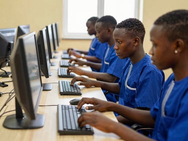 Editorial documentary photography of hands-on technology training in Abuja, young students collaborating in a modern computer lab, soft lighting, professional depth of field, 35mm.