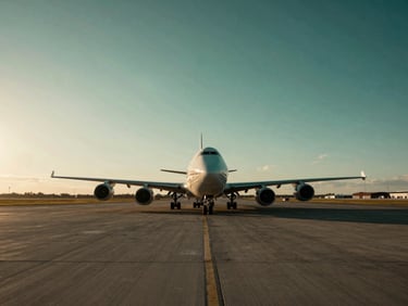 Heroic wide-angle shot of a cargo plane on a dusk runway, low sun, high contrast, desaturated emerald and warm sand tones, architectural perspective.