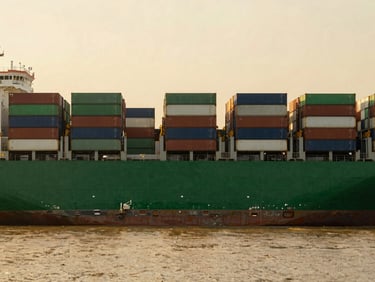 Wide-angle architectural shot of a massive container ship entering a modern port at golden hour, desaturated emerald and warm sand tones, geometric symmetry.