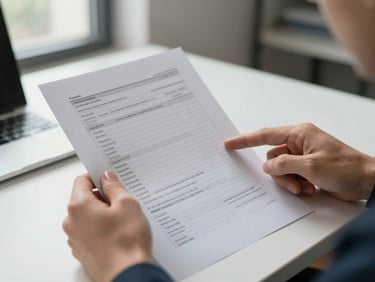 Close-up of a pair of hands holding a printed financial document on a desk, another person's finger pointing at a specific line item, natural daylight from a nearby window illuminating the paper, calm and ordered office environment visible in the background