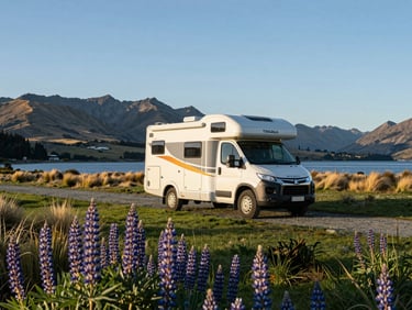 A spacious 4-berth Mitsubishi Fuso motorhome parked on a grassy clearing near Lake Tekapo, golden hour light hitting the vehicle, lupins in the foreground.