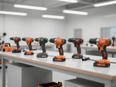 Medium shot of a workbench in a clean, modern workshop, featuring various power tools (drills, saws) neatly arranged, under bright overhead lighting, no people.