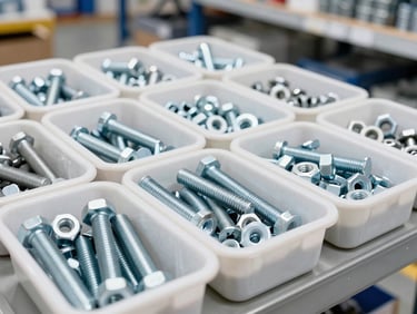 Close-up of neatly organized bins of assorted industrial-grade bolts, nuts, and washers on a clean metal shelf in a warehouse, bright natural daylight, sharp focus.