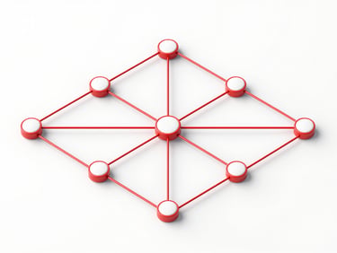 Isometric technical view of a supply chain network diagram, precise crimson lines, clean white background, 3d render
