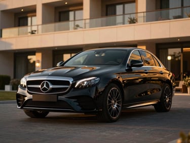 Gleaming black Mercedes E-Class parked elegantly in front of a modern luxury resort in Iskele at golden hour, low-key dramatic lighting, gold reflections, luxury automotive photography, 35mm.