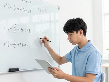 High school student looking focused and relaxed, working on a tablet, writing clean math equations on a whiteboard in a bright modern study room, natural daylight, 35mm