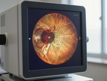 High-tech retinal imaging system displaying a detailed scan of a human retina with warm orange and gold hues, clinical sterile background, 85mm