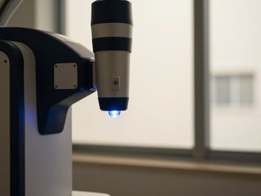 Detailed macro photography of a modern clinical laser system emitting a precise soft blue light beam in a high-end ophthalmology clinic, 85mm
