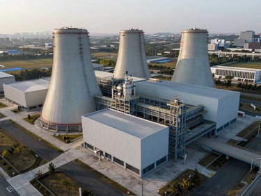 Aerial view of a modern, architectural waste-to-energy plant with clean lines, early morning overcast light, integrated with surrounding landscape.