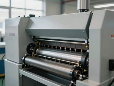 Close-up of modern industrial sorting machinery inside a high-throughput facility, clean-tech design, bright natural light.