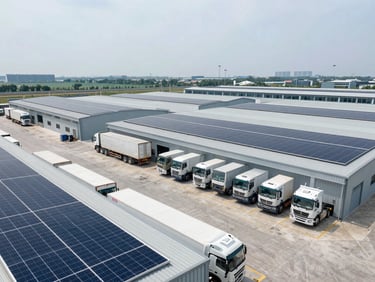 High-angle architectural view of a clean-tech logistics hub with organized cargo trucks and solar-paneled roofs, bright overcast daylight.