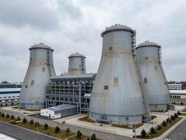 Wide architectural shot of a state-of-the-art waste-to-energy plant under an overcast sky, clean integration with surrounding municipal infrastructure.
