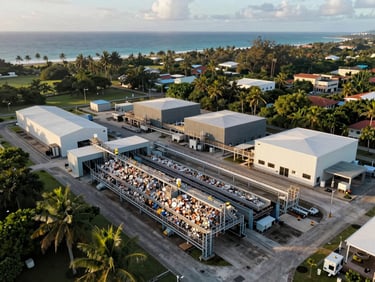 Aerial view of a clean-tech recycling and sorting facility on a tropical coastline, early morning light, integrated neatly into the landscape.