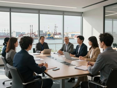 Collaborative planning session in a bright, modern architectural boardroom overlooking an industrial harbor, clean daylight.