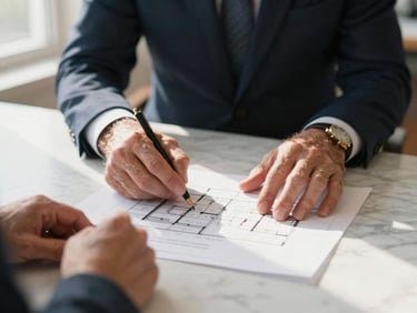 Hands of a senior advisor and a client reviewing architectural plans on a marble table, warm directional window light, shallow depth of field