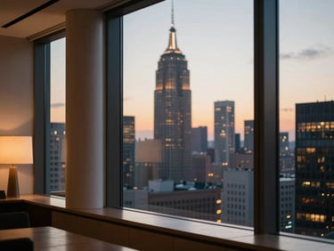 A modern high-rise office interior overlooking a historic skyline at dusk, warm interior lamps, soft focus, professional atmosphere