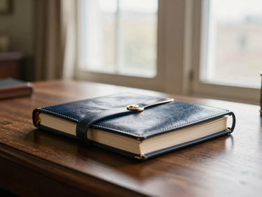 A leather-bound ledger rests on a dark oak desk in a sunlit private office, soft morning light filtering through tall windows, warm editorial style