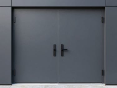 Modern minimalist pivot entrance door in dark grey, architectural hardware