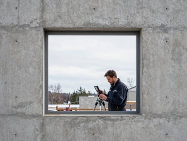 A specialist technician using a digital laser scanner on a raw concrete window opening, architectural construction site, Sweden, crisp daylight