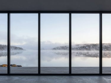 Expansive floor-to-ceiling triple-glazed sliding glass door framing a cold, misty Swedish lake at dawn, minimalist architecture