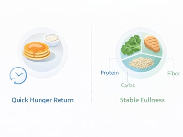 Comparison of high-carb meal causing quick hunger and balanced meal promoting stable fullness.