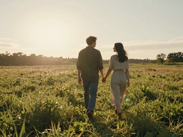 Cinematic wide shot of a couple walking hand in hand through a sun-drenched meadow at golden hour, warm backlighting, soft lens flare